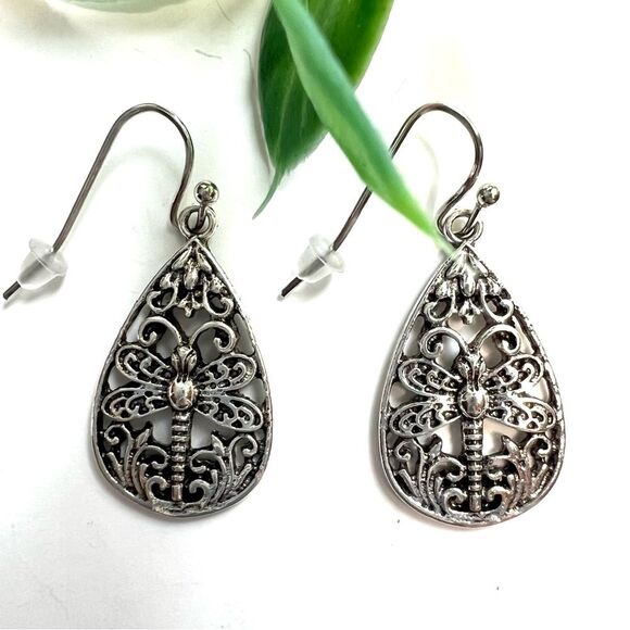 Silver Tone Dragonfly Pierced Teardrop Dangle Earrings - Picture 3 of 11